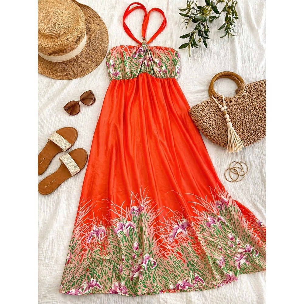 Collective Concepts Orange Tropical Floral Halter Maxi Dress Large Summer Resort